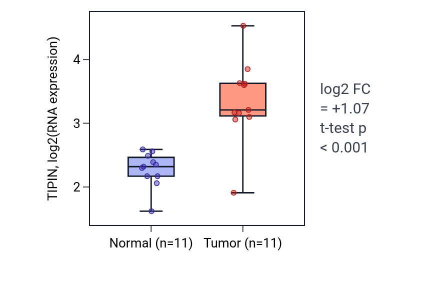 Tumor-vs-normal expression box plot for TIPIN RNA in HNSC.