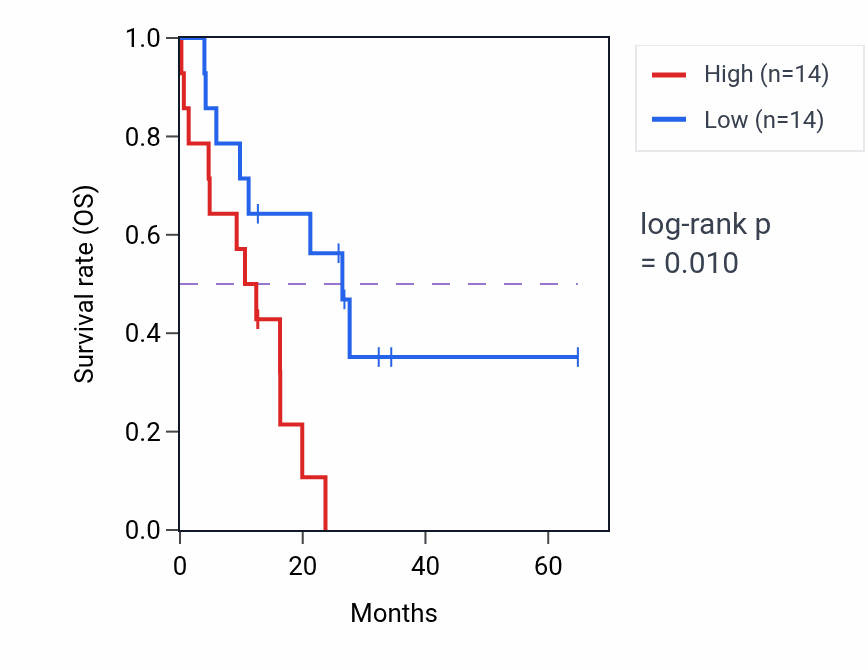 Kaplan&ndash;Meier survival curve for TJP2 mass-spec protein-high vs -low samples in GBM.