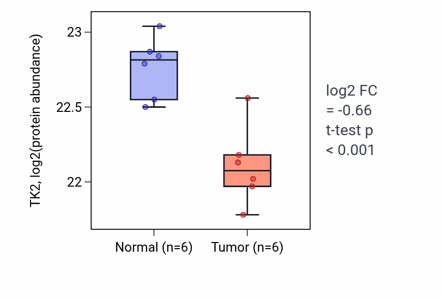 Tumor-vs-normal mass-spec protein box plot for TK2 in HNSC.