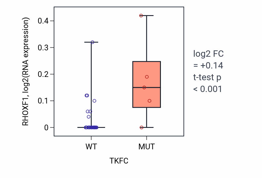 Box plot of RHOXF1 in TKFC-low vs TKFC-high samples in URINARY_TRACT.