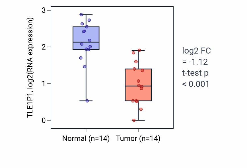 Tumor-vs-normal expression box plot for TLE1P1 in THCA.
