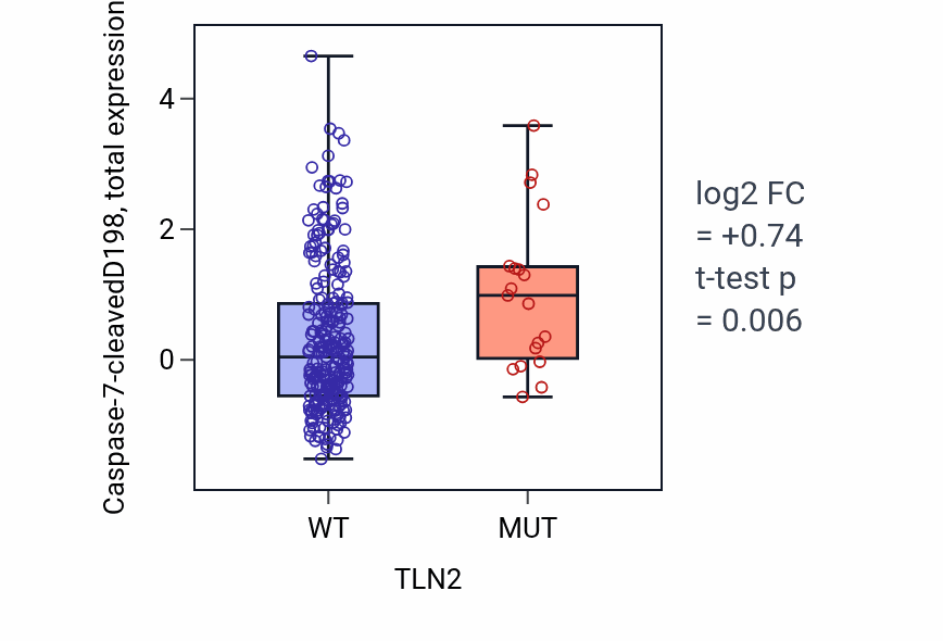 Box plot of Caspase-7-cleavedD198 in TLN2-low vs TLN2-high samples in STAD.