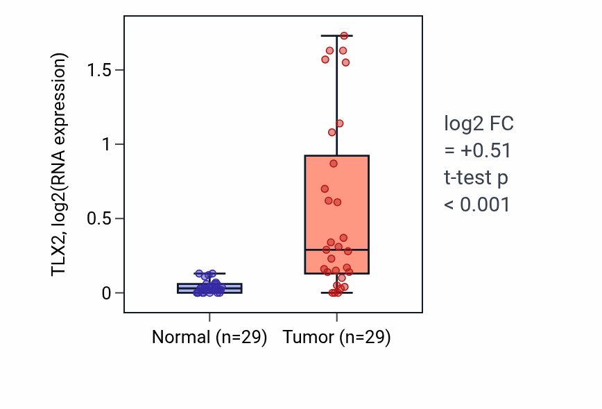 Tumor-vs-normal expression box plot for TLX2 RNA in HNSC.