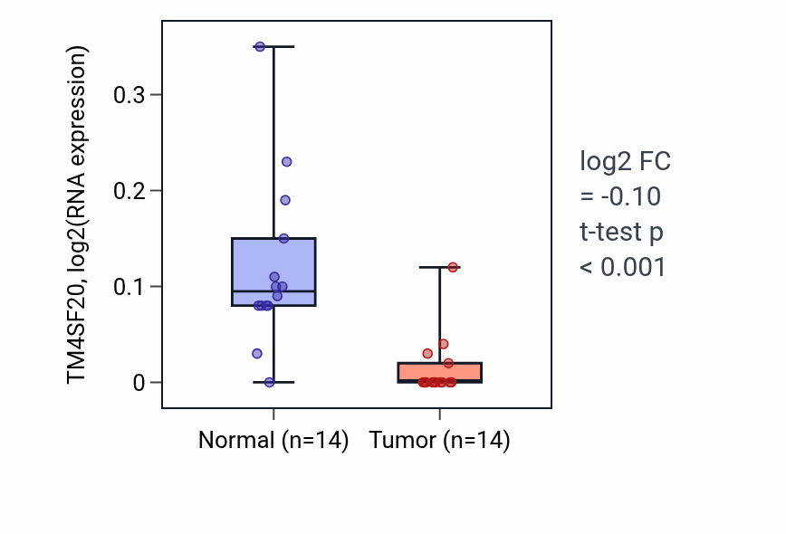 Tumor-vs-normal expression box plot for TM4SF20 in THCA.
