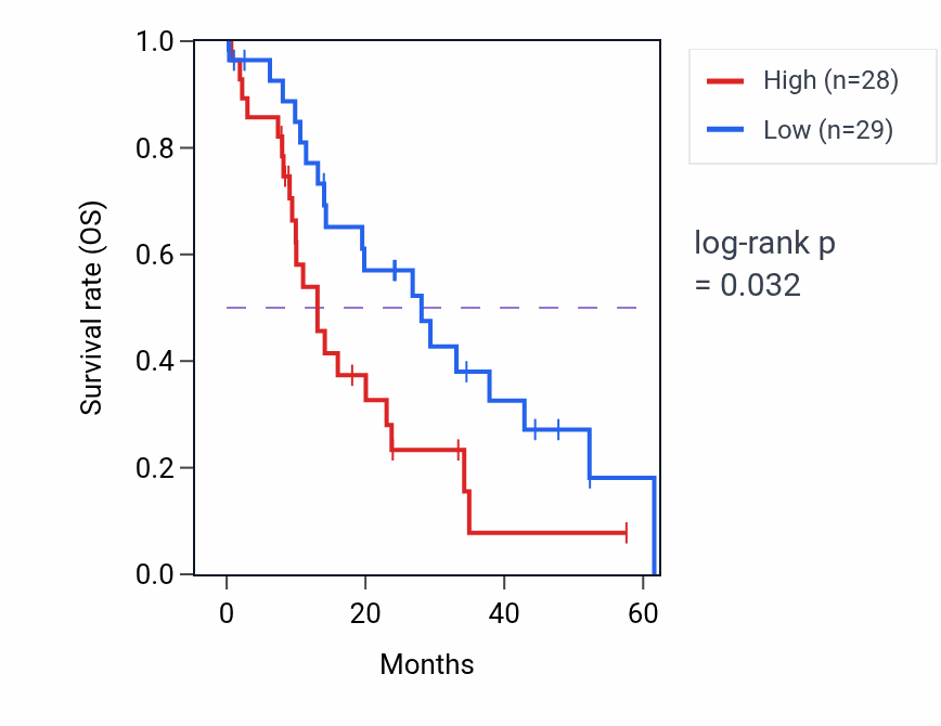 Kaplan&ndash;Meier survival curve for TMBIM1 mass-spec protein-high vs -low samples in PDAC.