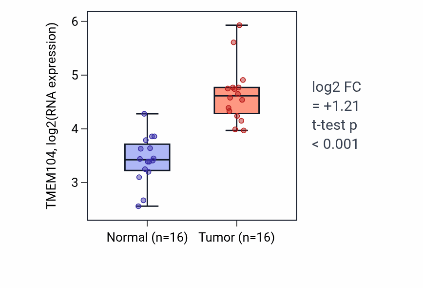 Tumor-vs-normal expression box plot for TMEM104 RNA in HNSC.