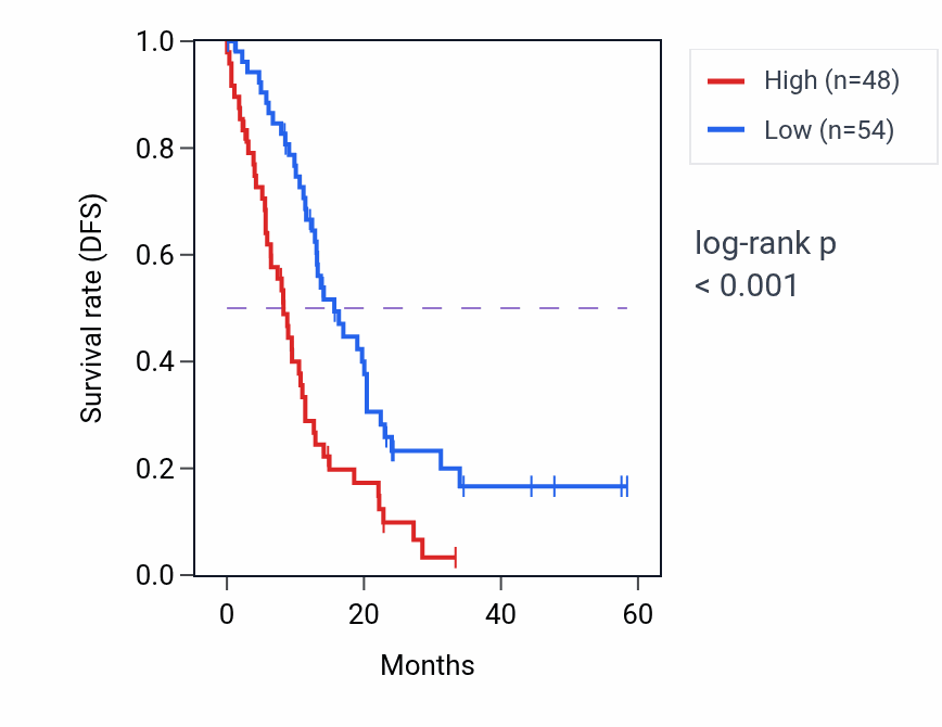 Kaplan&ndash;Meier survival curve for TMEM106B mass-spec protein-high vs -low samples in PDAC.