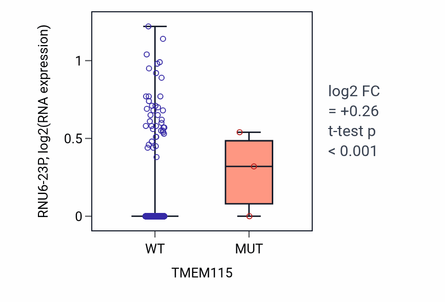 Box plot of RNU6-23P in TMEM115-low vs TMEM115-high samples in BRCA.