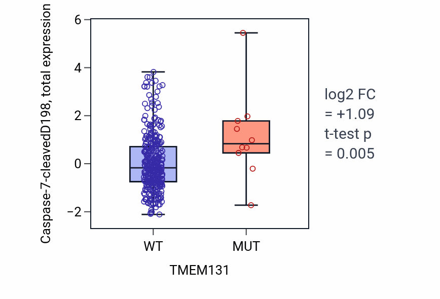 Box plot of Caspase-7-cleavedD198 in TMEM131-low vs TMEM131-high samples in COAD.