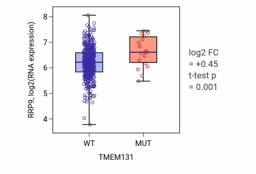 Box plot of RRP9 in TMEM131-low vs TMEM131-high samples in SKCM.