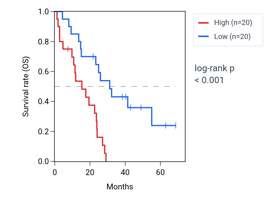 Kaplan&ndash;Meier survival curve for TMEM131 RNA expression in MESO: high vs low expression groups.