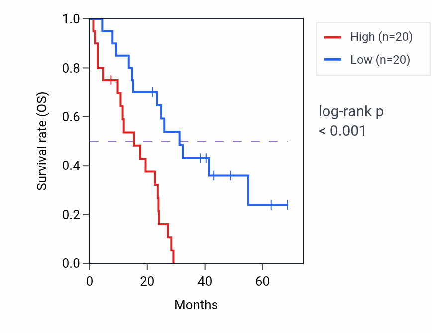 Kaplan&ndash;Meier survival curve for TMEM131 RNA-high vs -low samples in MESO.