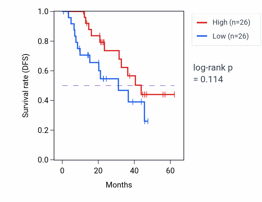 Kaplan&ndash;Meier survival curve for TMEM132A mass-spec protein-high vs -low samples in HNSC.