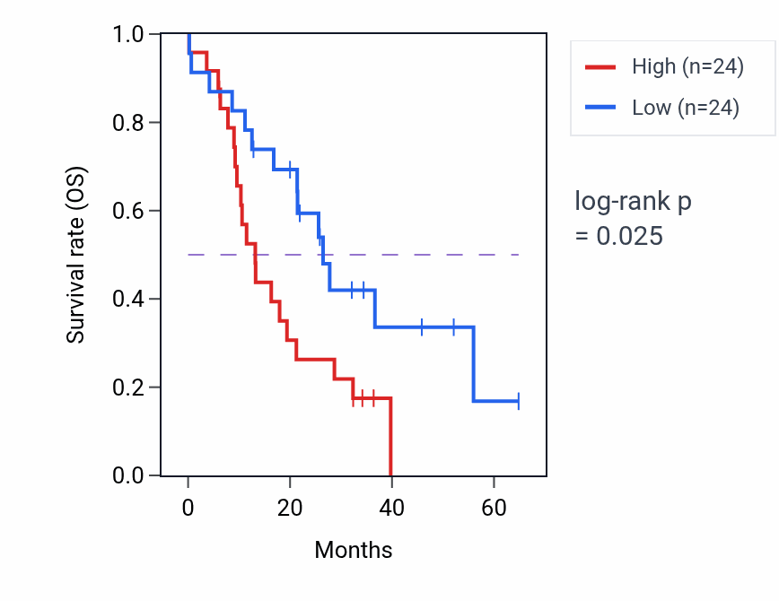 Kaplan&ndash;Meier survival curve for TMEM158 mass-spec protein-high vs -low samples in GBM.