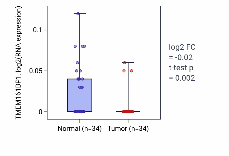 Tumor-vs-normal expression box plot for TMEM161BP1 in KIRC.