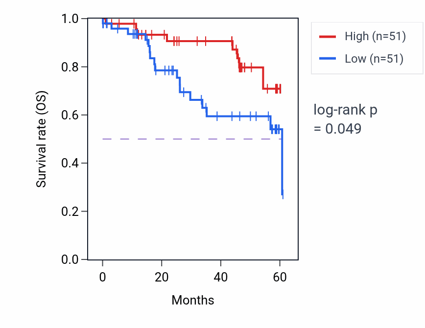 Kaplan&ndash;Meier survival curve for TMEM163 mass-spec protein-high vs -low samples in LSCC.