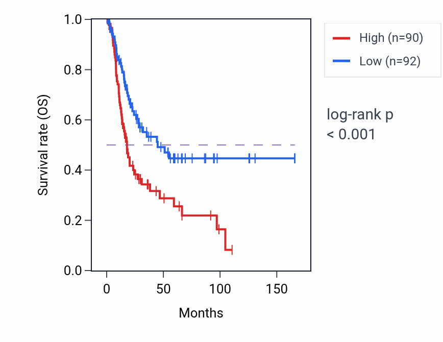 Kaplan&ndash;Meier survival curve for TMEM167B-DT RNA expression in BLCA: high vs low expression groups.