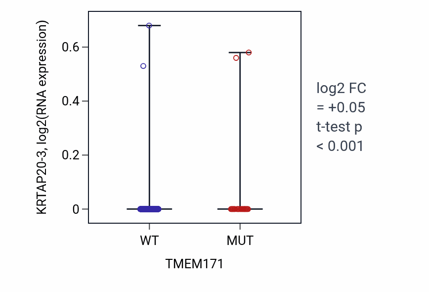 Box plot of KRTAP20-3 in TMEM171-low vs TMEM171-high samples in UCEC.