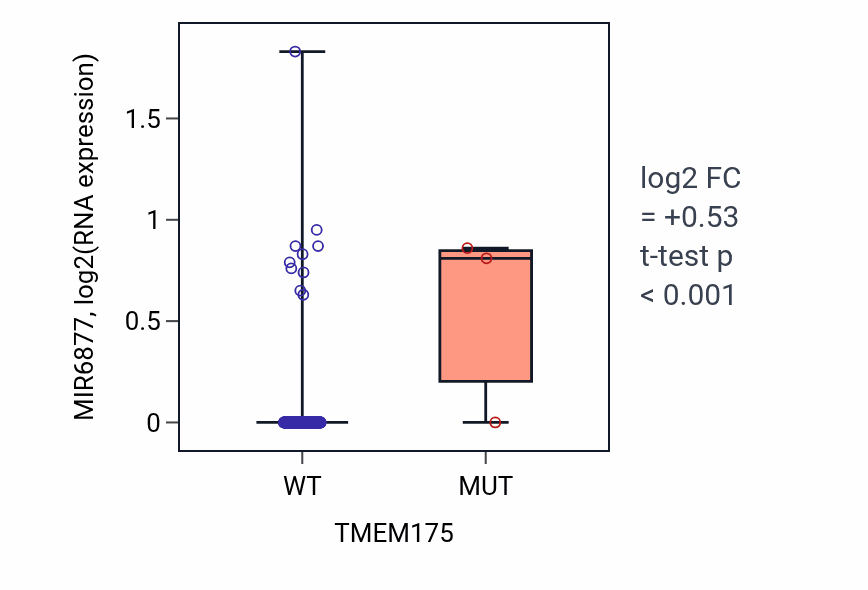 Box plot of MIR6877 in TMEM175-low vs TMEM175-high samples in LIHC.