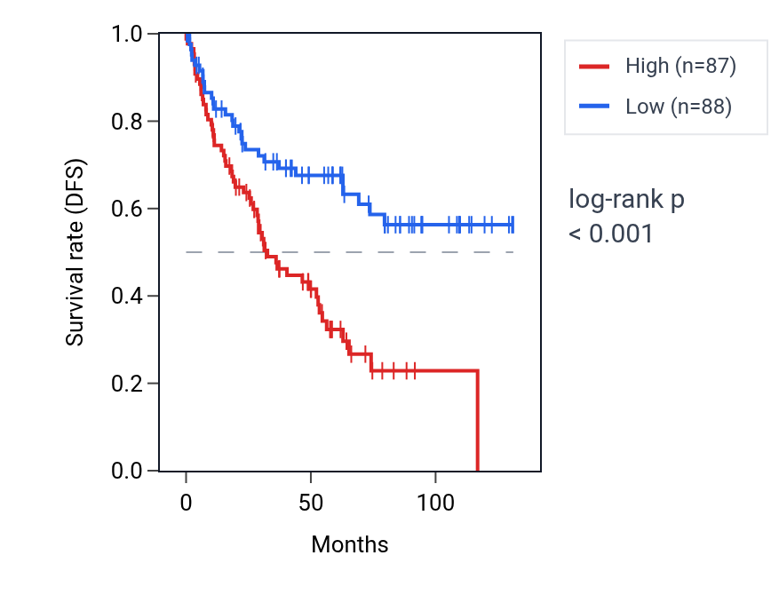 Kaplan&ndash;Meier survival curve for TMEM178A RNA expression in KIRC: high vs low expression groups.