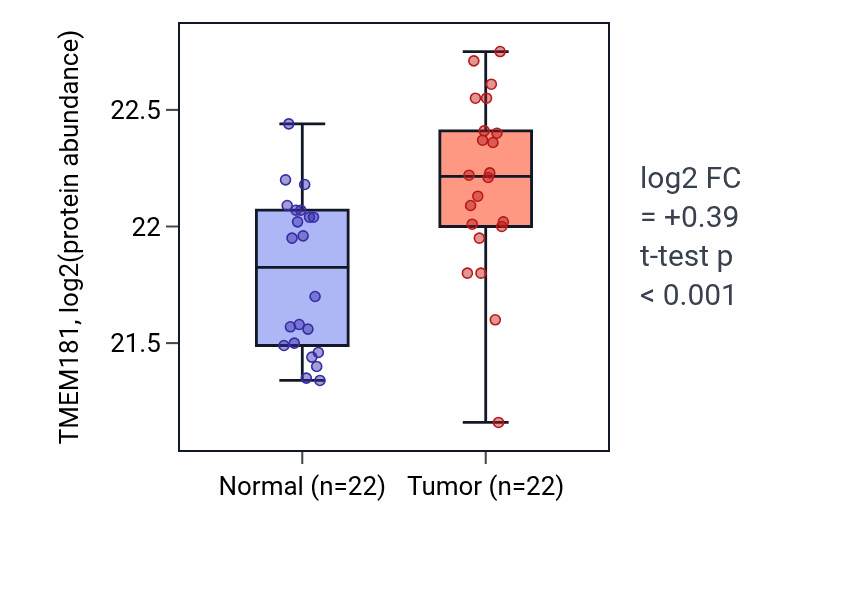 Tumor-vs-normal mass-spec protein box plot for TMEM181 in HNSC.