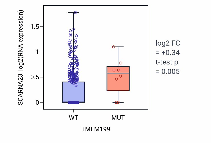 Box plot of SCARNA23 in TMEM199-low vs TMEM199-high samples in LUSC.