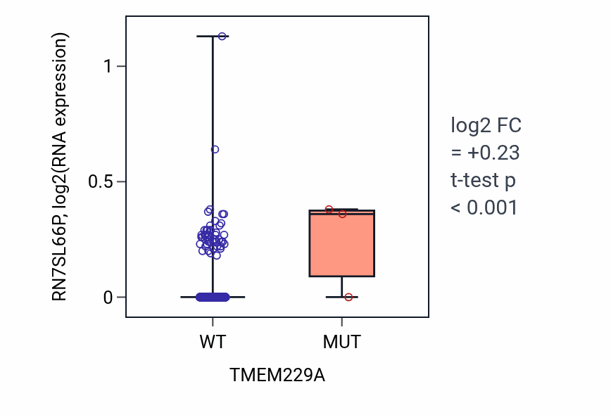 Box plot of RN7SL66P in TMEM229A-low vs TMEM229A-high samples in BRCA.