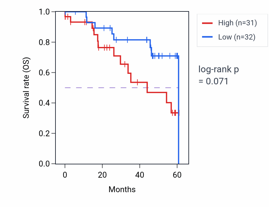 Kaplan&ndash;Meier survival curve for TMEM248 mass-spec protein-high vs -low samples in LSCC.