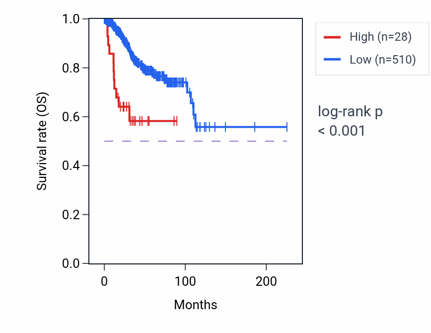 Kaplan&ndash;Meier survival curve for TMEM248P1 RNA expression in UCEC: high vs low expression groups.
