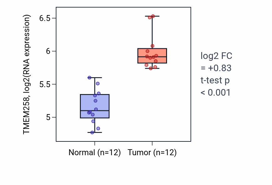 Tumor-vs-normal expression box plot for TMEM258 RNA in KIRC.