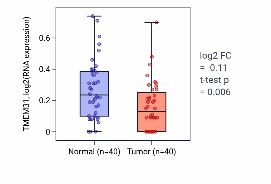 Tumor-vs-normal expression box plot for TMEM31 RNA in HNSC.