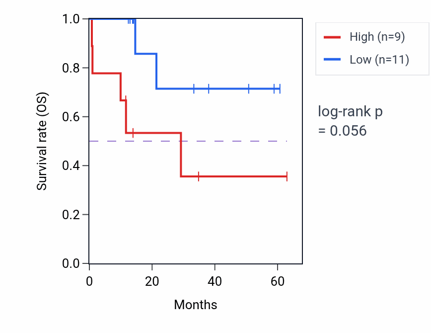 Kaplan&ndash;Meier survival curve for TMEM39B mass-spec protein-high vs -low samples in LUAD.
