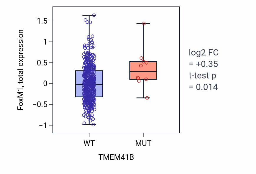 Box plot of FoxM1 in TMEM41B-low vs TMEM41B-high samples in UCEC.
