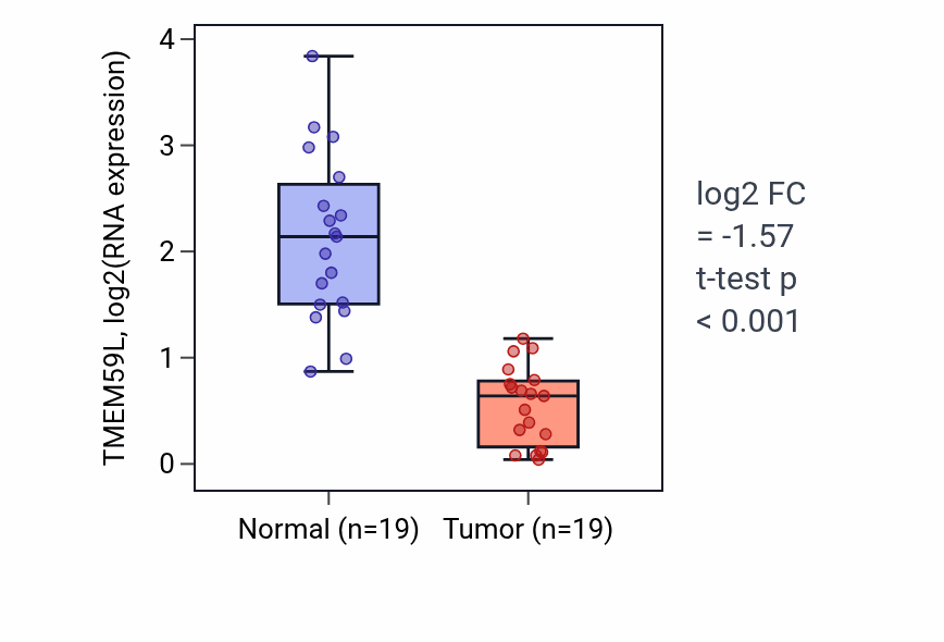 Tumor-vs-normal expression box plot for TMEM59L RNA in COAD.