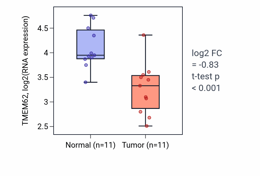 Tumor-vs-normal expression box plot for TMEM62 RNA in KICH.