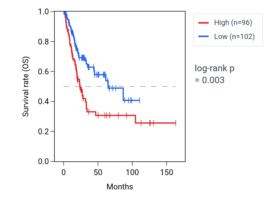 Kaplan&ndash;Meier survival curve for TMEM74 RNA expression in BLCA: high vs low expression groups.