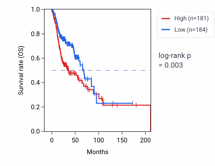 Kaplan&ndash;Meier survival curve for TMEM95 RNA expression in HNSC: high vs low expression groups.