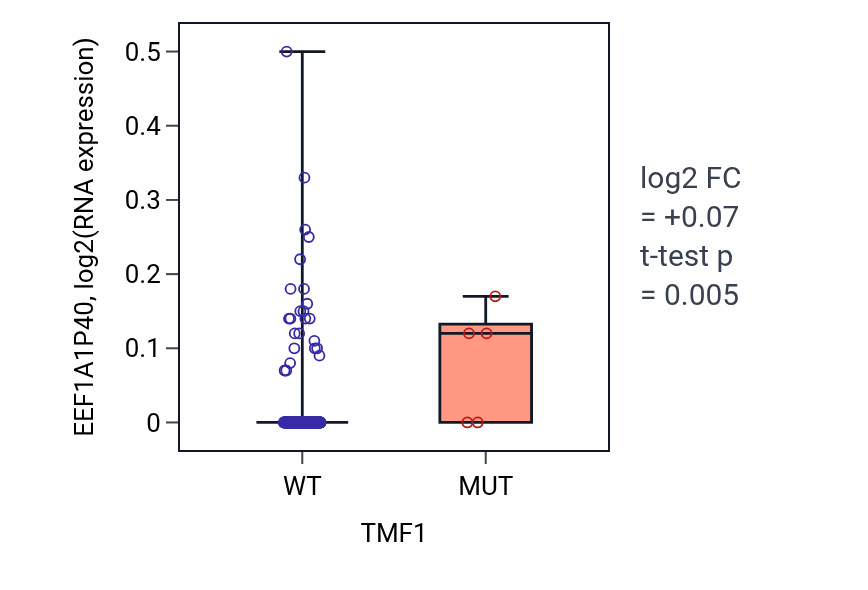 Box plot of EEF1A1P40 in TMF1-low vs TMF1-high samples in KIRP.