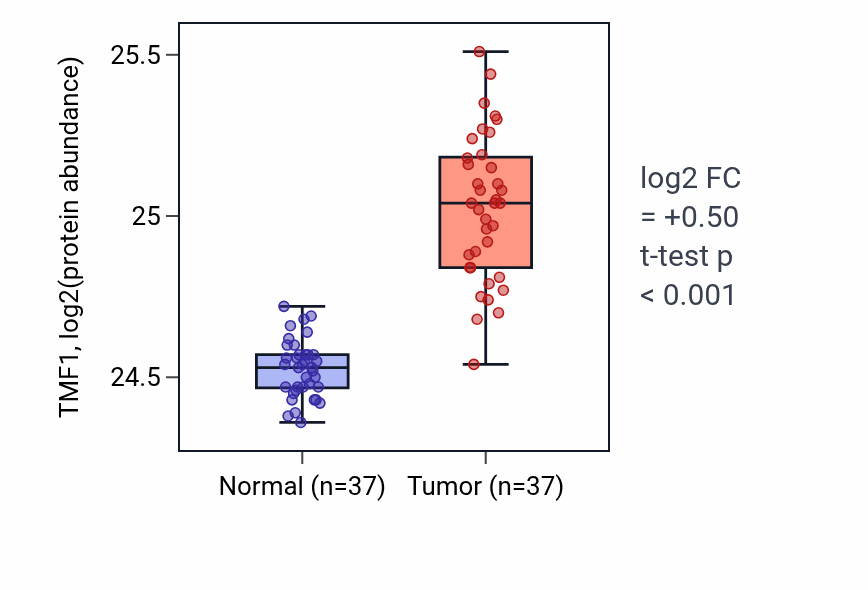 Tumor-vs-normal mass-spec protein box plot for TMF1 in LUAD.