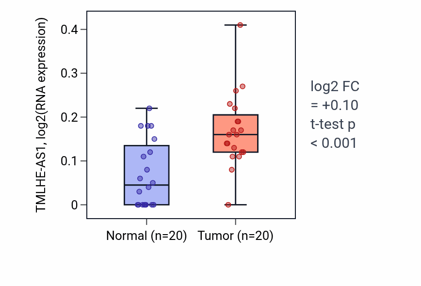 Tumor-vs-normal expression box plot for TMLHE-AS1 in KIRC.