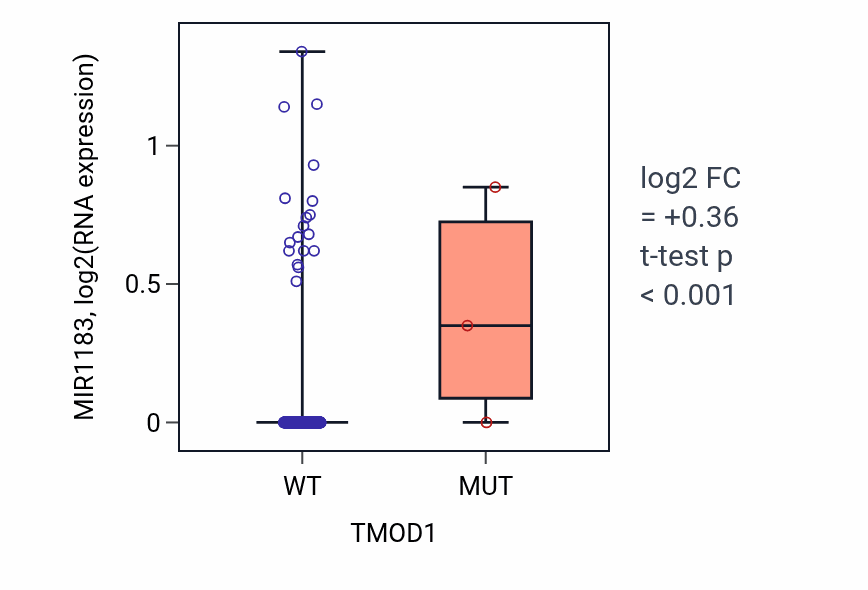 Box plot of MIR1183 in TMOD1-low vs TMOD1-high samples in BLCA.