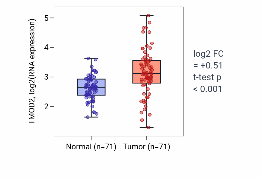 Tumor-vs-normal expression box plot for TMOD2 RNA in KIRC.