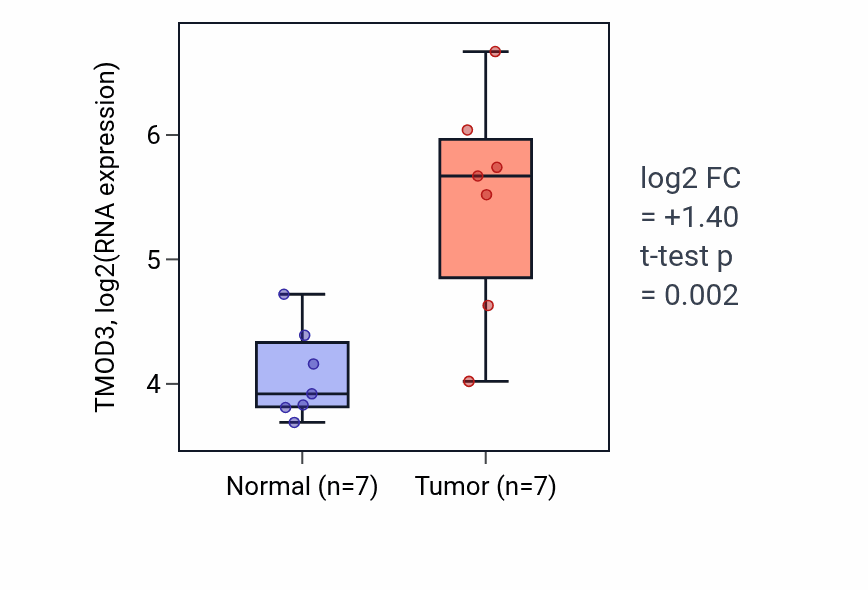 Tumor-vs-normal expression box plot for TMOD3 RNA in BLCA.