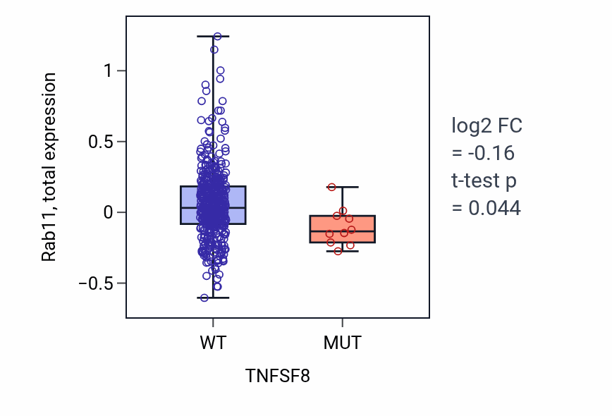 Box plot of Rab11 in TNFSF8-low vs TNFSF8-high samples in UCEC.