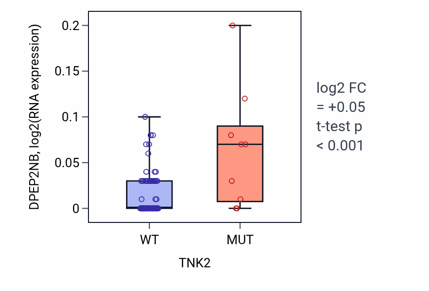Box plot of DPEP2NB in TNK2-low vs TNK2-high samples in BLOOD_Leukemia.