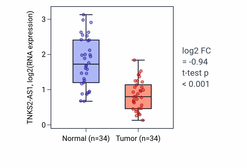 Tumor-vs-normal expression box plot for TNKS2-AS1 in KIRC.