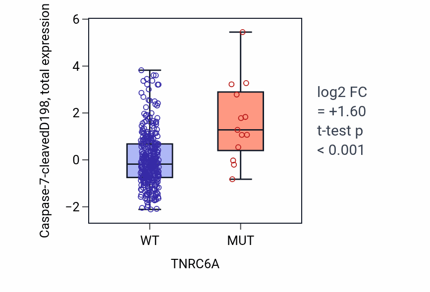 Box plot of Caspase-7-cleavedD198 in TNRC6A-low vs TNRC6A-high samples in COAD.