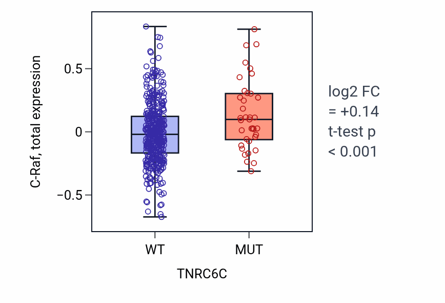Box plot of C-Raf in TNRC6C-low vs TNRC6C-high samples in UCEC.