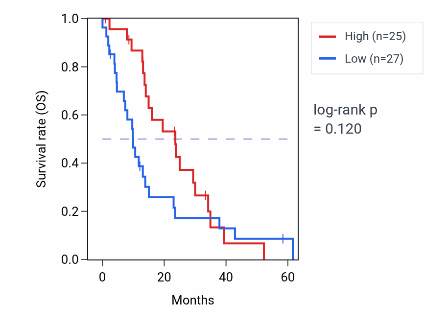 Kaplan&ndash;Meier survival curve for TNS2 mass-spec protein-high vs -low samples in PDAC.