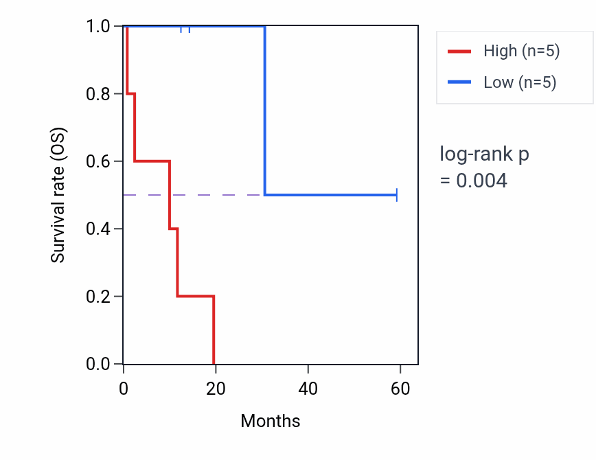Kaplan&ndash;Meier survival curve for TNS4 mass-spec protein-high vs -low samples in LUAD.